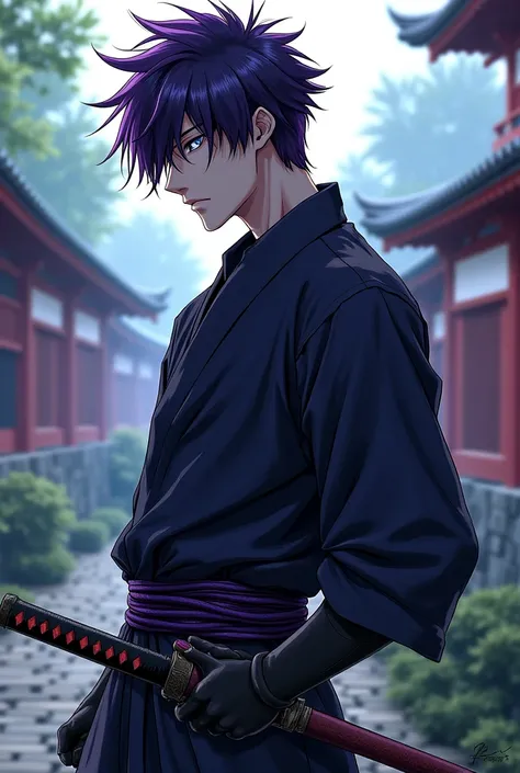 Create a male anime character with short purple and black samurai hair and half muscular