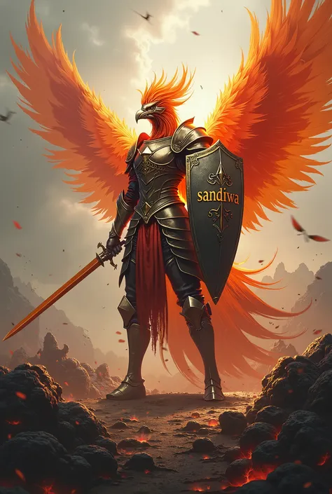 In a battlefield filled with dead monsters on the ground, create a phoenix-inspired knight fighting with a sword and a shield with an engraved word "SANDIWA".