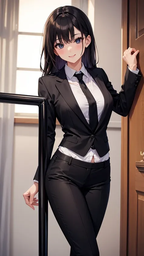 Older sister dancing pole dancing in a black luxury custom-made business pantsuit　　 tie　　smile　 high resolution　 HD