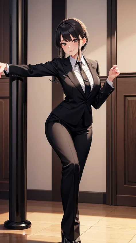 Older sister dancing pole dancing in a black luxury custom-made business pantsuit　　 tie　　smile　 high resolution　 HD