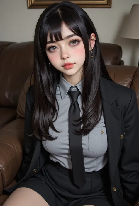 ((High quality)), ((masterpiece)), ((highly detailed)), ((big tits)), perfect face, realistic, high school uniform, Gray Top shirt button undone, black tie, black blazer unbuttoned, black skirt, ((mature)), ((gorgeous)), full body, Long straight silk black...