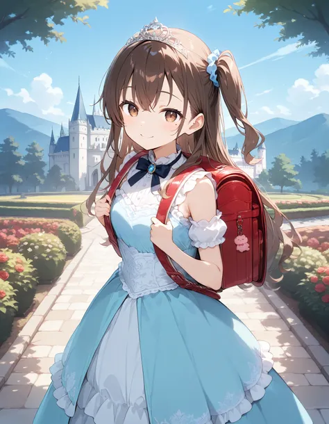 masterpiece, best quality, highres, 1girl, long hair, one side up, solo, ponytail,brown hair, masterpiece, best quality, highres, 1girl, , solo, brown hair, short hair, brown eyes, mole under eye, cowboy shot,, princess dress, princess Costume,bowtie, smil...