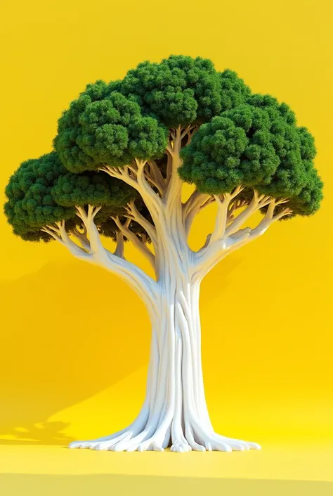 A big tree,  with the trunk half white and bulky branches. The view of the tree must be lateral and cover the whole tree. The background must be in solid yellow color. The leaves must be green. 