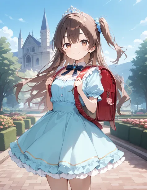 masterpiece, best quality, highres, 1girl, long hair, one side up, solo, ponytail,brown hair, masterpiece, best quality, highres, 1girl, , solo, brown hair, short hair, brown eyes, mole under eye, cowboy shot,, princess dress, princess Costume,bowtie, smil...