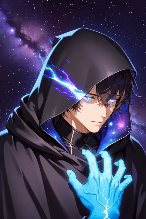 black Hood, masculine character, in cosmic galaxy scenario, stars, purple and Dark background, Alone, dark hair, Hands with bright glowing veins, glowing veins in the eyes shining. Cosmic Scenario, left lilac eye, right blue eye.