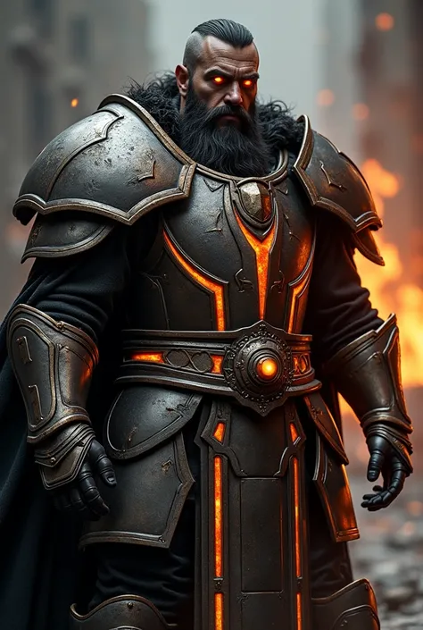 A Dwarf Warrior in very heavy thick metal polished dark grey art deco angular cubic plate armor. His eye glow like magma. His skin is dark grey. His hair and beard are magma. Armor is in the art deco style with straight flat overlapping plates. The armor h...