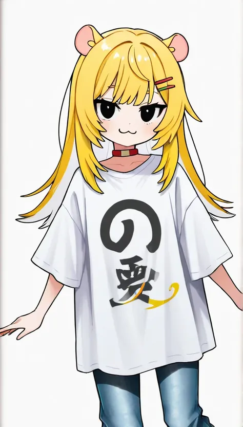  Long Yellow Hair, 非常に  long hair,  straight perm, bangs, (((bangsに赤い蝶のヘアクリップ))),  black eyes,  New Look,   long hair, Yellow Hair, white inner hair , ：3,   oversized clothes, Black Ribbon,  wearing jeans , white background,   adult female holding a stick,...