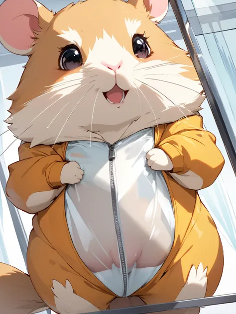 Personification , furry hamster woman , body on glass , unziping , coquettish