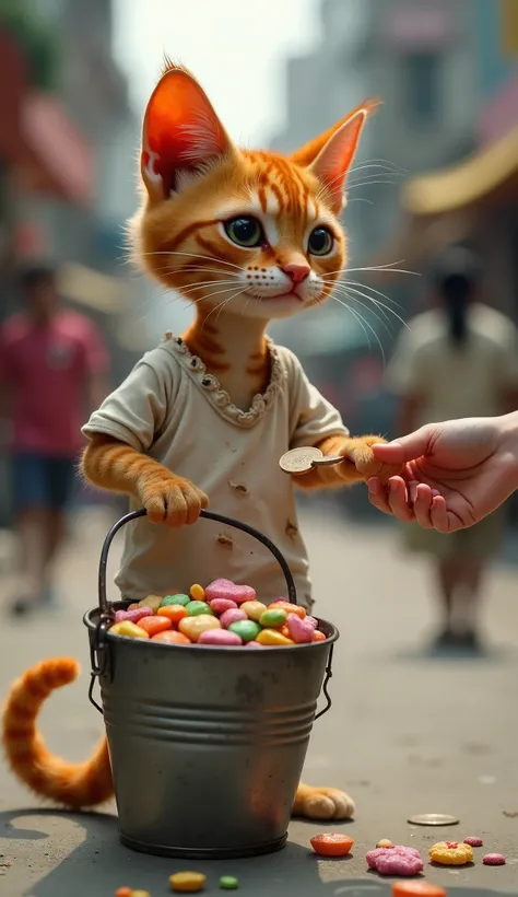 A small, thin orange cat wears a dirty, torn and holey white t-shirt. His face, once sad, now shows happiness and determination as he works selling sweets on the street. He holds a bucket full of colorful sweets and extends his paw to hand a sweet to a hum...