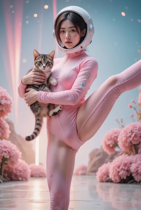 a woman standing, split pose, high-quality 3D render, photorealistic, detailed realistic skin, tight yoga pants, pink spacesuit, holding a cat, cute fantasy background, rainbow colors, spread love emoji pack, person holding object, double exposure effect, ...
