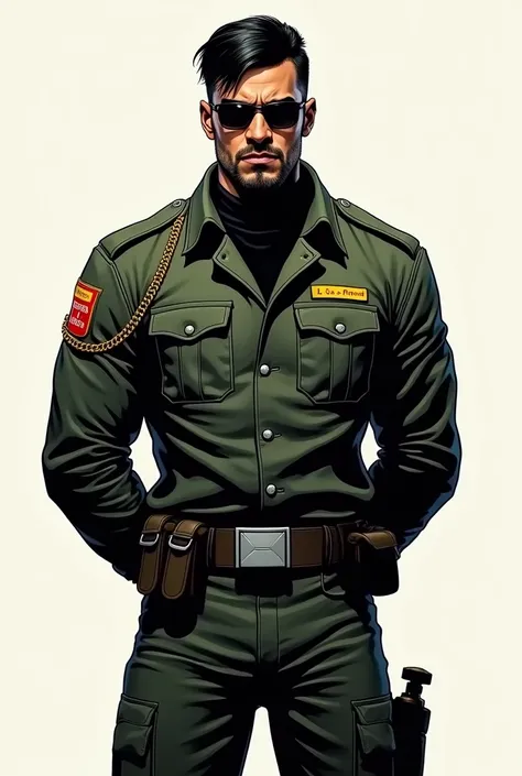 Make me a Marvel comic book style image. I want a tall man , strong physique, Brown skin,  short black hair brushed back ,  black eyes, glasses,Skinny beard and wearing military attire .  I want him to be around 25 years old and to show his whole body alon...