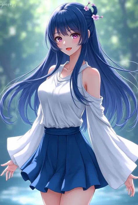  a girl 
-Hyuga clan
-porcelain skin
-long, midnight blue hair
-Pearl colored eyes
-reddish lips 
- very well-shaped body
-clothes:a short blue short  
