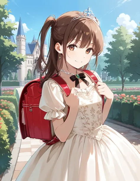 masterpiece, best quality, highres, 1girl, long hair, one side up, solo, ponytail,brown hair, masterpiece, best quality, highres, 1girl, , solo, brown hair, short hair, brown eyes, mole under eye, cowboy shot, luxury dress, princess dress, princess Costume...