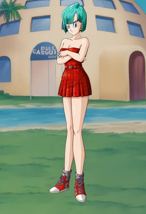 Bulma,  short hair , aquamarine hair, bob cut style .,  water colored hair ,  Bangs ,  blue eyes, attire, From Saga de los Androides ,  strapless red shirt ,  Red Pleated Skirt  ,  bare shoulders, cowboy grip ,  looking sideways , serious guy.  full body, ...