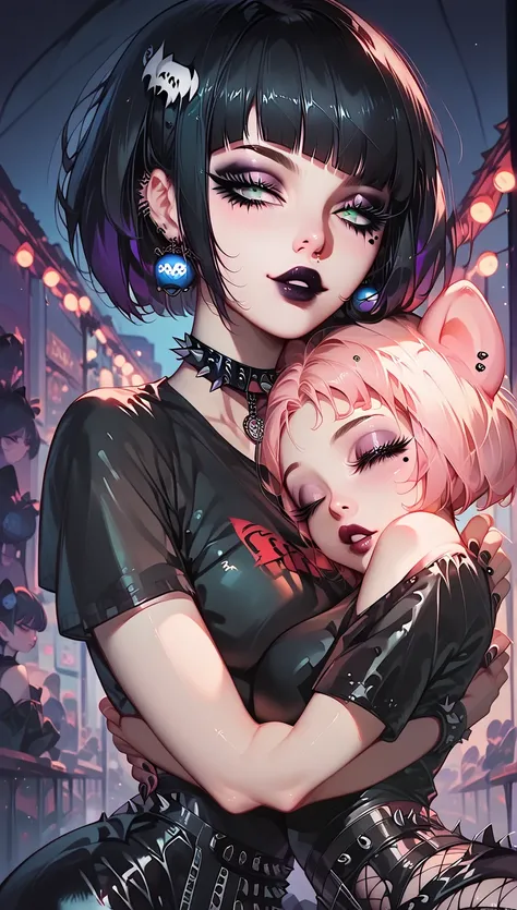 Buttercup (powerpuff girl) goth, powerpuff girl buttercup goth, goth make up, de perfil, beauty eyes, short hair, hugging a girl. background:city night. glow lights
