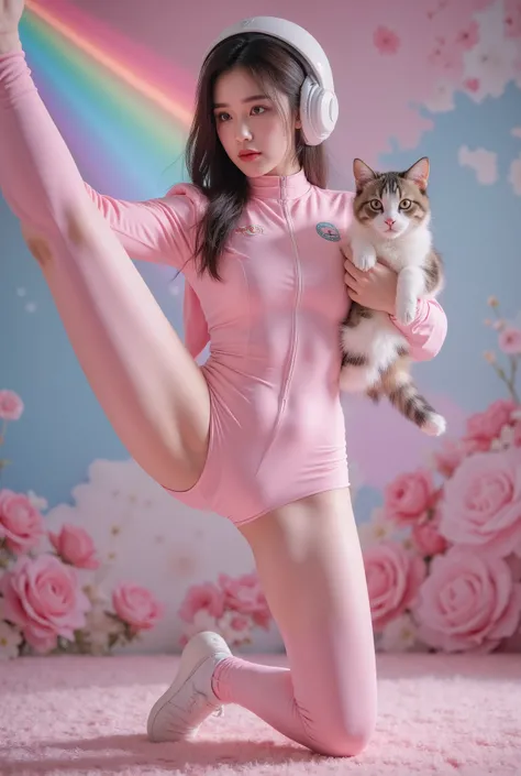 a woman standing, split pose, high-quality 3D render, photorealistic, detailed realistic skin, tight yoga pants, pink spacesuit, holding a cat, cute fantasy background, rainbow colors, spread love emoji pack, person holding object, double exposure effect, ...