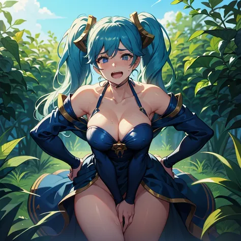 low blow, Low hit, cuntbusting, crotch claw, ballbusting, crotch pain, hands in the crotch, face of pain, bump on the genitals, sona - Classic, Women sexy, bikini black,  score_7_arriba, 1 girl, Alone , sona - Classic | League of Legends, cabello azul,   d...