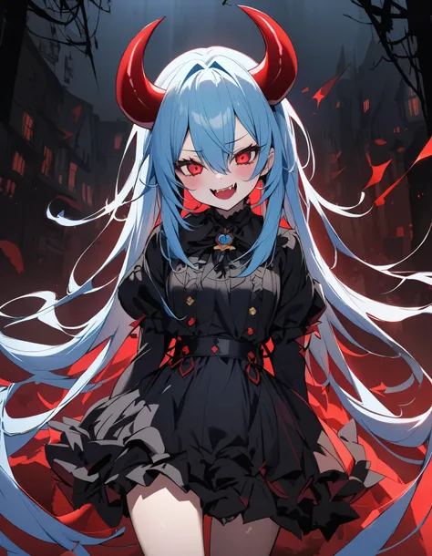 A beautiful girl who became a demon、 light blue long hair、Beautiful girl with twin tail hair、Scary face、A beautiful girl who became a demon with red horns、Demon&#39;s Appearance、Red demons and blue demons behind