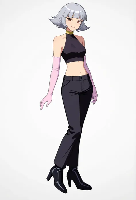 1girl, oakley, grey hair, short hair, blunt bangs, brown eyes, crop top, navel, midriff, pink elbow gloves, collarbone, black high heels boots, bare shoulders, black pants, pants touches boots, standing, sleeveless, smile

looking at viewer, solo, simple b...