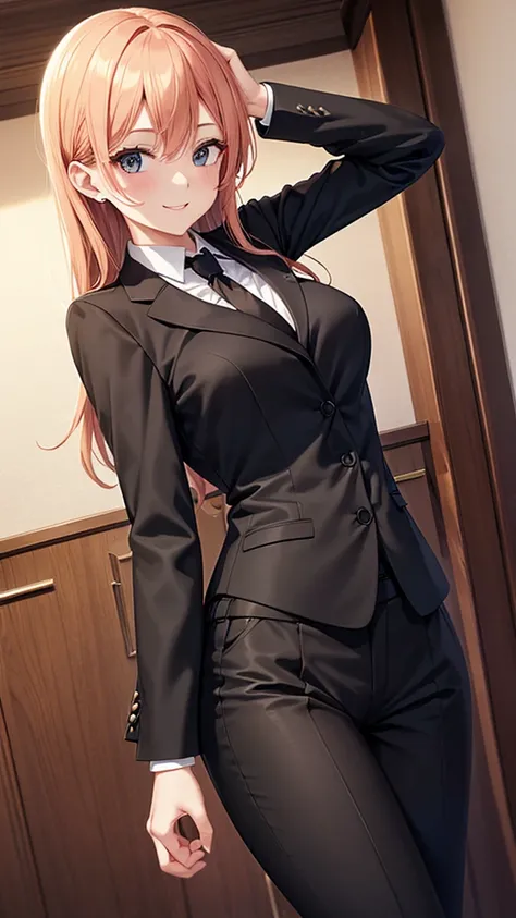 Older sister dancing in a black luxury custom-made business pantsuit　　 tie　　smile　 high resolution　 HD