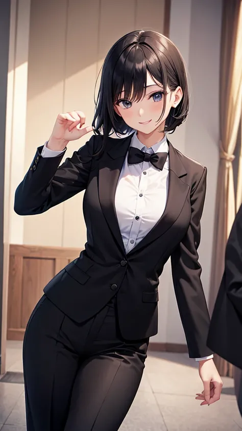 Older sister dancing in a black luxury custom-made business pantsuit　　 tie　　smile　 high resolution　 HD