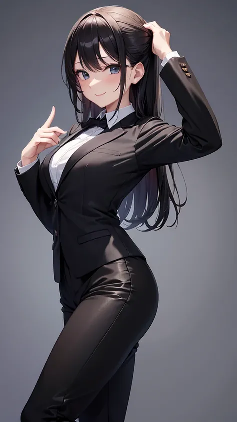 Older sister dancing in a black luxury custom-made business pantsuit　　 tie　　smile　 high resolution　 HD