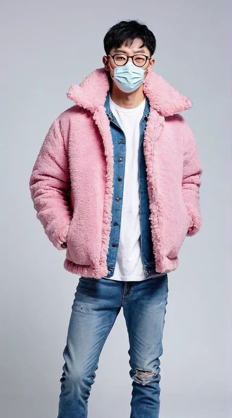 Glasses、 mask 、pink fluffy jacket、Ugly clothes、 jeans、male