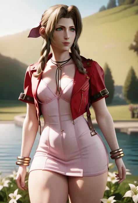   Aerith with big eyes ,  green hair,  medium breasts, scarred abdomen ,  thick thighs,  short pink dress,  sexy red short jacket ,  in a flower field walking forward ,  thick thighs peitos grandes abdômen sarado  thick thighs Grande sexy andando no Jardim...