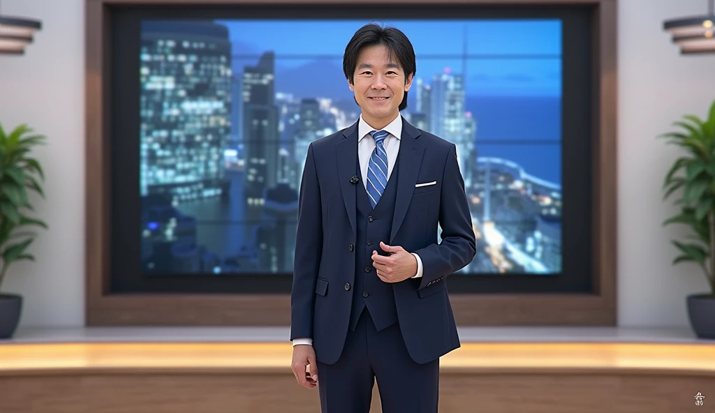  Writing red letter  "NHK BS News",  left upper screen ,Front view, Full body,  left sanding, right big TV monitor in NHK BS NEWs, talking news,  male New  news anchor, 1 Japanese dandy man ,40-age, (Black short hair, smile) ,(), (dark blue one button Jack...