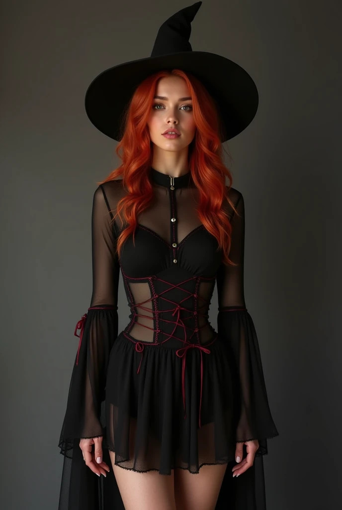 Create full-body images of the head with realistic feet of a woman naturally a red-haired woman with a delicate face and feminine features with long hair wearing a witch Halloween costume make a sensual but not vulgar costume a short and tight dress with t...