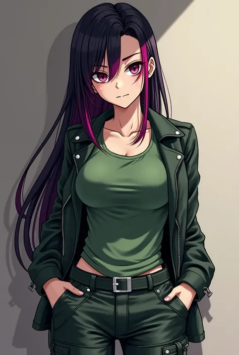 Her hair is raped at one side and the other is longuer and the hair colour is black but the roots and a few strands are a magenta colour she has a big scar on her eyes, wich are a deep purple colour, she has a, large chest and, nice ass, she is 183 cm tall...