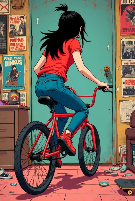 Classic cartoon character pop punk image of a woman with black hair and white skin riding a bmx bike seen from behind, in a messy room there are many posters stuck to the wall, there is a skateboard