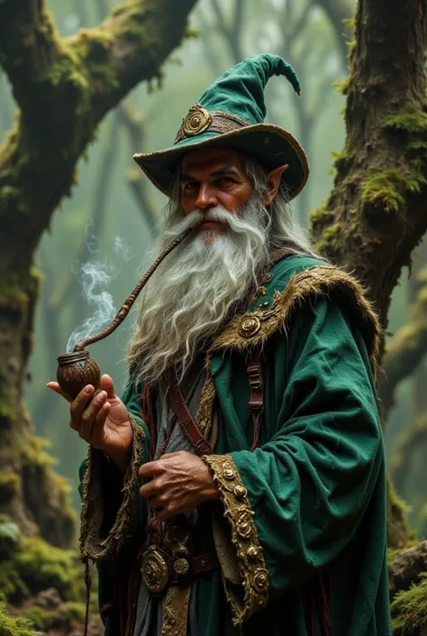  Imagine a kind and wise leprechaun ,  seen from the front,  rises in the heart of an ancient and mystical forest .  His wrinkled and smiling face radiates calm and contemplation ,  with bright eyes that reflect centuries of knowledge and kindness . His wh...