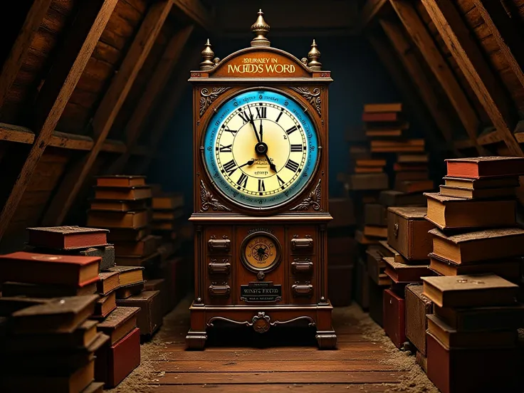 A mysterious and glowing time machine sits inside an old attic. The machine has flashing colored lights, several buttons, and a gold inscription on the top that reads 'Journey in God's Word'. Surrounding it are wooden boxes, dusty books, and old objects. T...