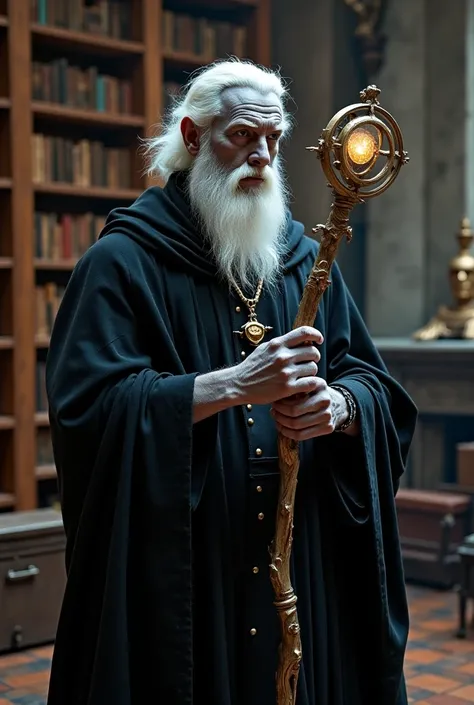  Semi-human wizard with silvery-gray skin like silver . White hair and brushed backwards ,  a little disheveled .  Long black robe that shrouds him in mystery and his eyes show great wisdom .  He holds a magic staff with a star crystal in his hand and is i...