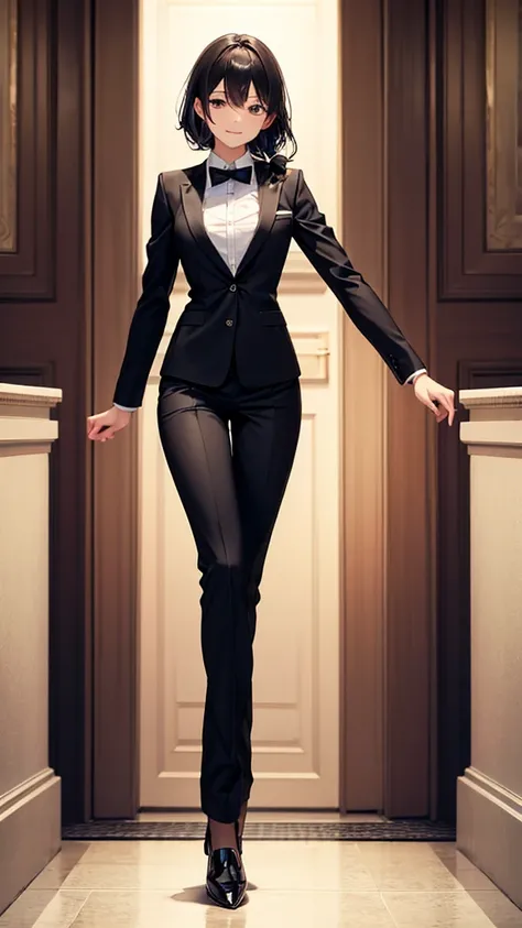  black luxury custom made business pant suit dancing older sister　　Black small bow tie 　　smile　 high resolution　 HD