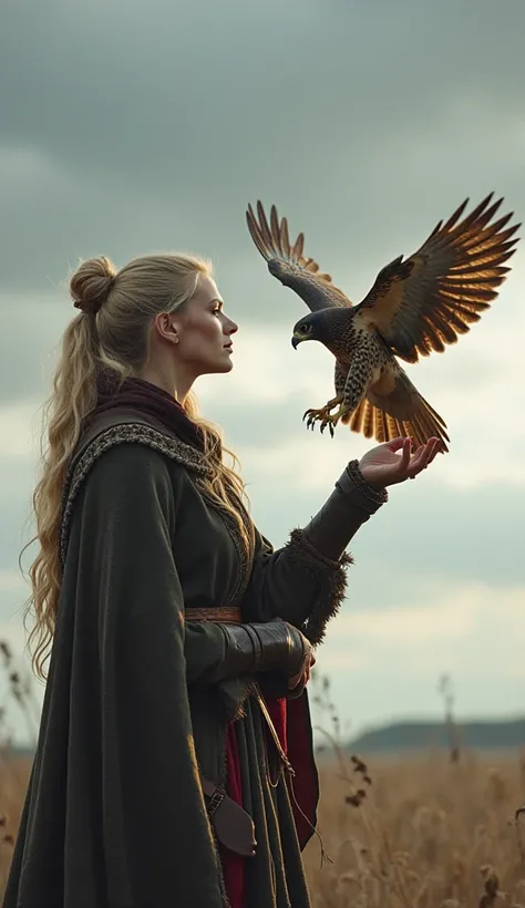 A beautiful Scandinavian woman, 
extraordinarily beautiful face, blond,
She shoots a falcon from her hand into the sky,
The falcon spreads its wings towards its prey and prepares to fly from the woman's hand,
a falcon-wielding woman
