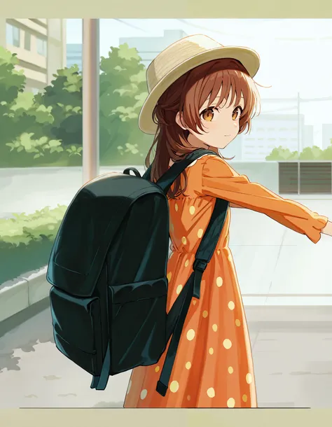 Masterpiece, hd, anime, 1girl, brown hair, brown eyes,wearing hat, wearing dress, orange dress, polkadot dress, Sleeve less dress, wearing backpack, black backpack, standing, outdoor 