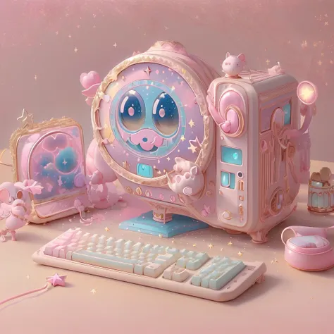  Best Details 、((( top quality、 masterpiece)))、 hearts in cute pastel-colored rooms with the image of stars、 desk and chair on the desk computer product 、 home appliances are heart shaped 、 microphone is star shaped 、 computer has a star mark on the back 、...