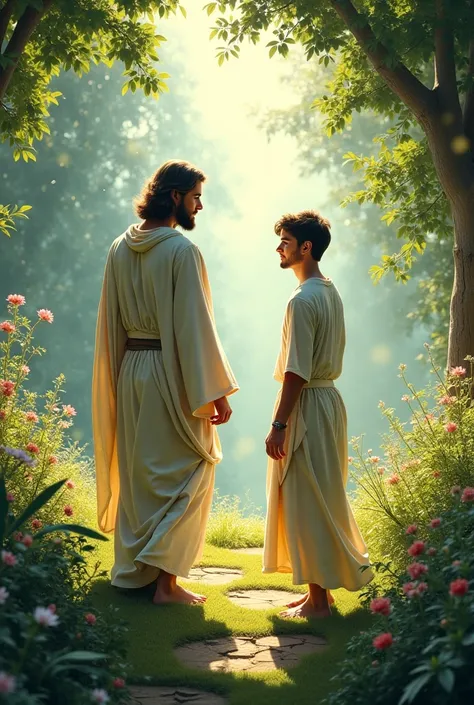  Create an image of Jesus walking in. one. Garden meeting a young man 
