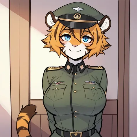 score_9, score_8_up, score_7_up, score_6_up, score_5_up, score_4_up, source_furry, (masterpiece, best quality:1.4), best res, anthro, solo, big breasts, Arab3lla, furry female, pinup, cadet, military, clothed, looking at viewer, smiling,