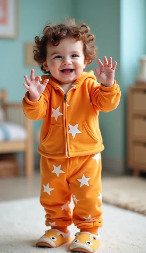 "A baby with curly brown hair, cheerfully dressed in orange pajamas with white stars. The outfit includes a cute orange hoodie. The baby's shoes are very cute, adding to the playful and charming look. The baby raises his hands excitedly, smiling happily, t...