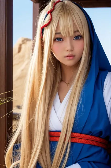 Blonde long hair ,bangs, dark skin, blue eyes, foreign girl, foreign shrine maiden, cute, tanned skin, Arabian Nights