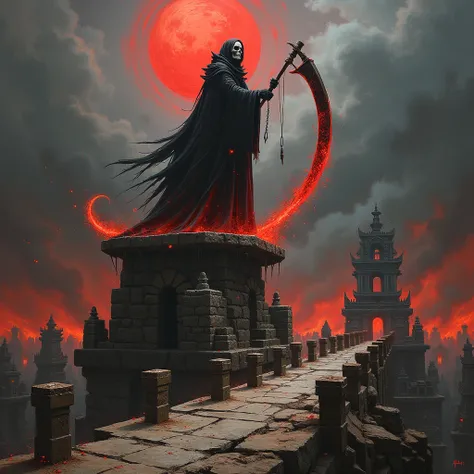  Top Quality,  Masterpiece, Shinigami, which has a large scythe that emits red magic, 、A huge, distorted bridge made by piling up a human-sized grim reaper 、 dark、An elaborate construction、Shinigami with a skull mask  、( Old Black Robe Covering the Body )、...