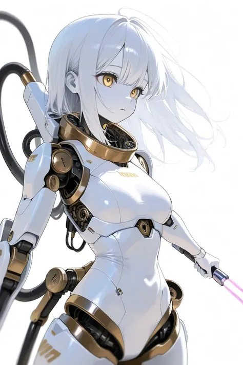 (highest quality, background detailed), highest quality, original detailed video, (golden eyes), image from waist up, inorganic facial expression, inorganic gaze, detailed mechanical joints, reinforced exoskeleton, white leotard, white skin, white hair, lo...