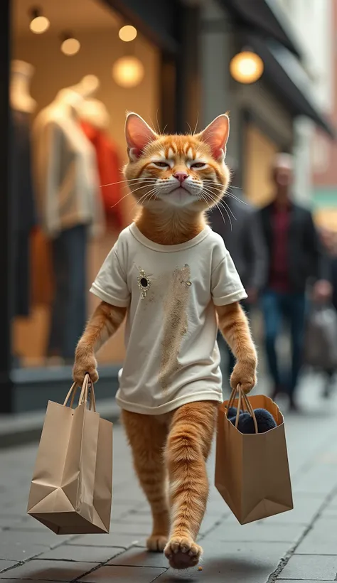 A small, thin orange cat wears a dirty, torn and holey white t-shirt. His once sad face now displays happiness and determination as he exits a clothing store excitedly, carrying bags full of new clothes. He walks with energy, holding the handles of his bag...