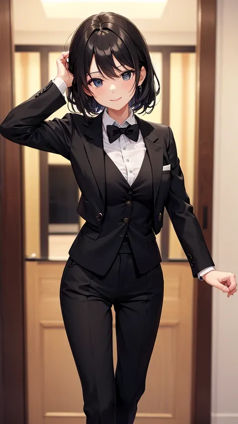 Older sister dancing in a black luxury custom-made business pantsuit　　Black small bow tie 　　smile　 high resolution　 HD