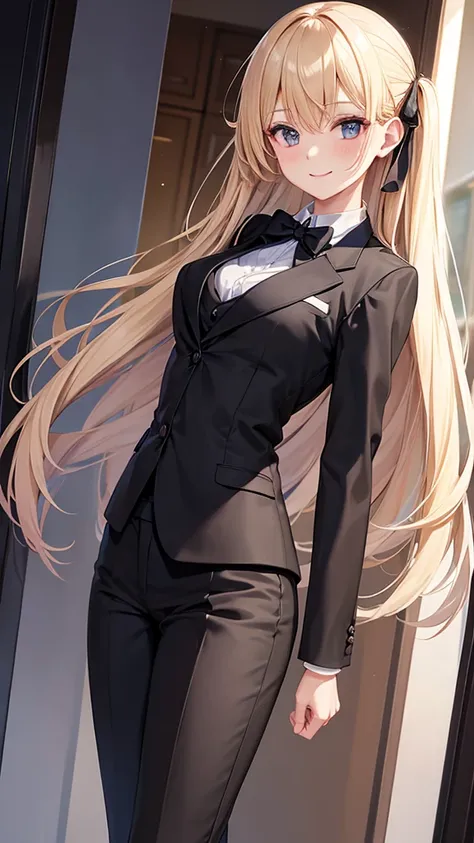 Older sister dancing in a black luxury custom-made business pantsuit　　Black small bow tie 　　smile　 high resolution　 HD