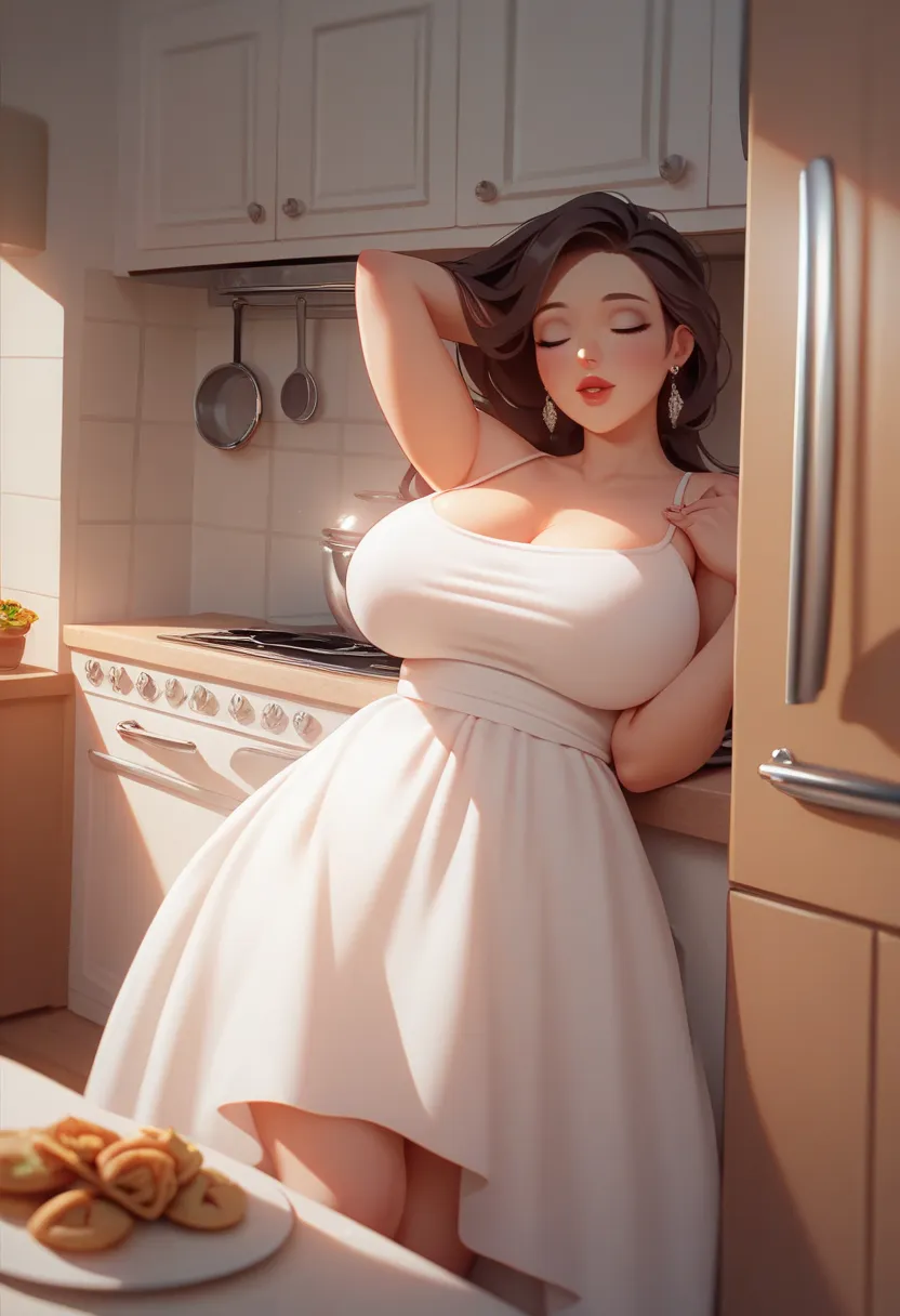 A housewife, temptation, She loves betrayal,in the kitchen, Vaery romantic. Weight 100 kg. Long white dress. Big breasts. Romantic, My husband is sleeping, please come and entertain me،