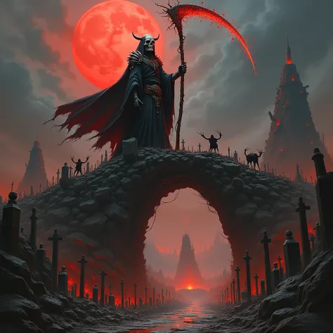  Top Quality,  Masterpiece, Shinigami, which has a large scythe that emits red magic, 、A huge, distorted bridge made by piling up a human-sized grim reaper 、 dark、An elaborate construction、Shinigami with a skull mask  、( Old Black Robe Covering the Body )、...